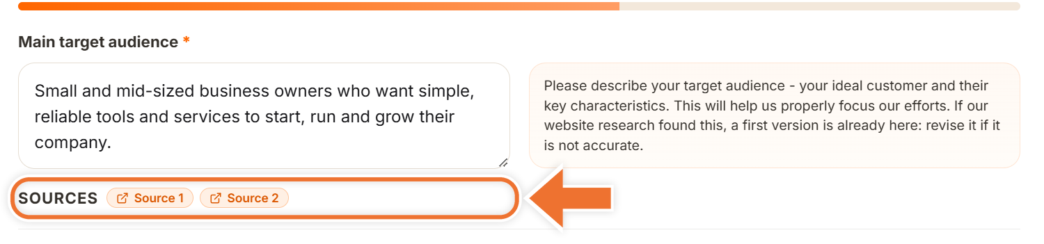 A suggested target audience answer with an arrow pointing to the Sources chips underneath