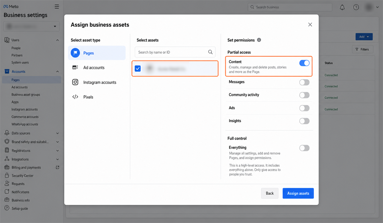 Selecting your Page and turning on the Content permission