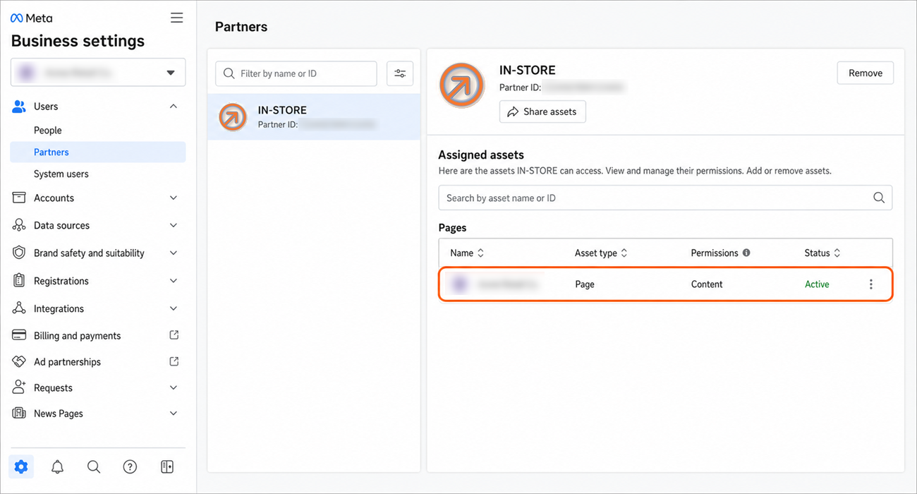 In-Store shown as a partner with access to your Page