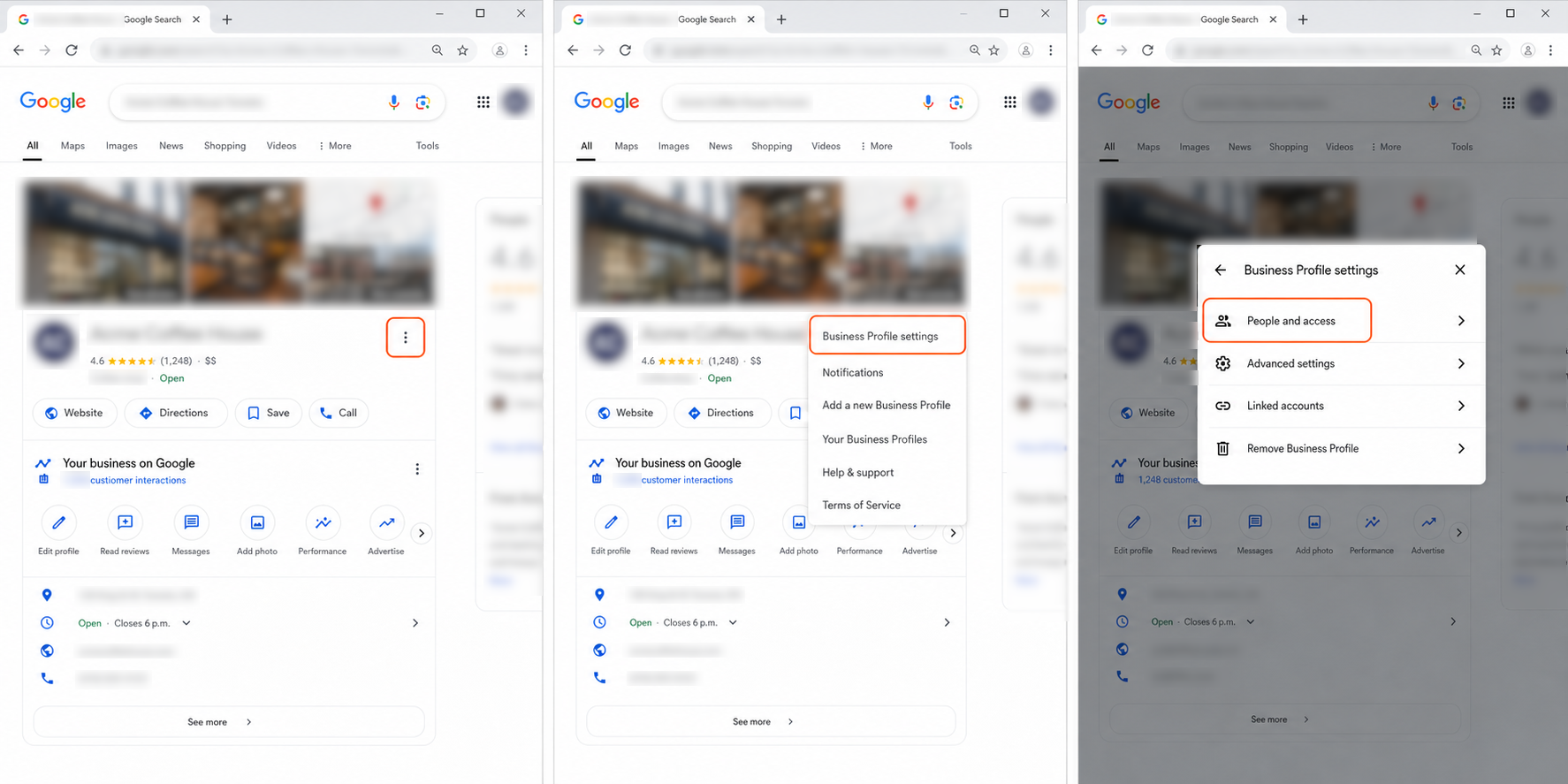 Opening More, Business Profile settings, and People and access