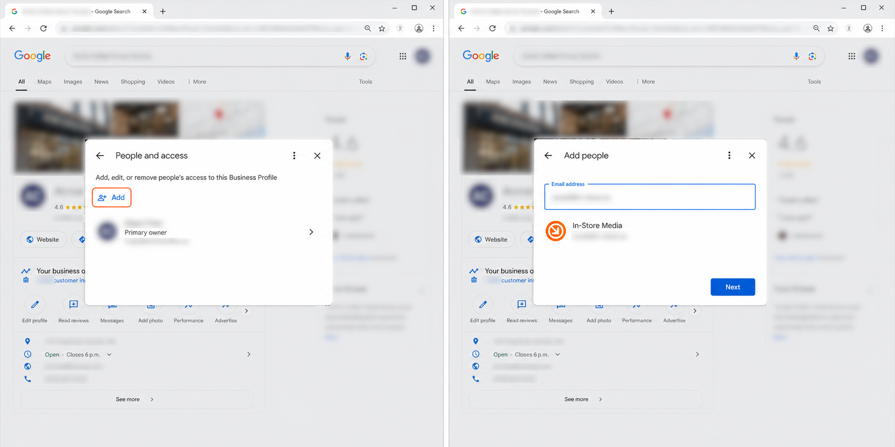 Entering the In-Store Google account email in the Add people dialog