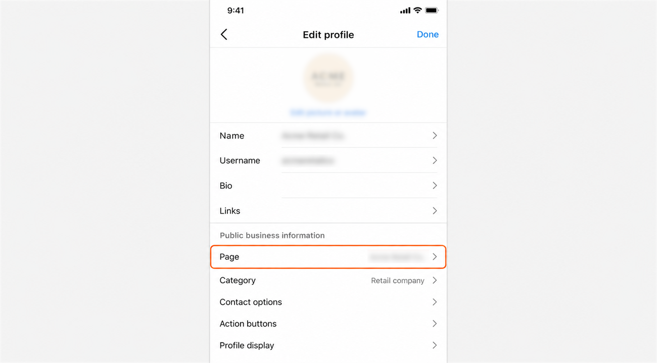 Instagram Edit profile screen with the Facebook Page connection