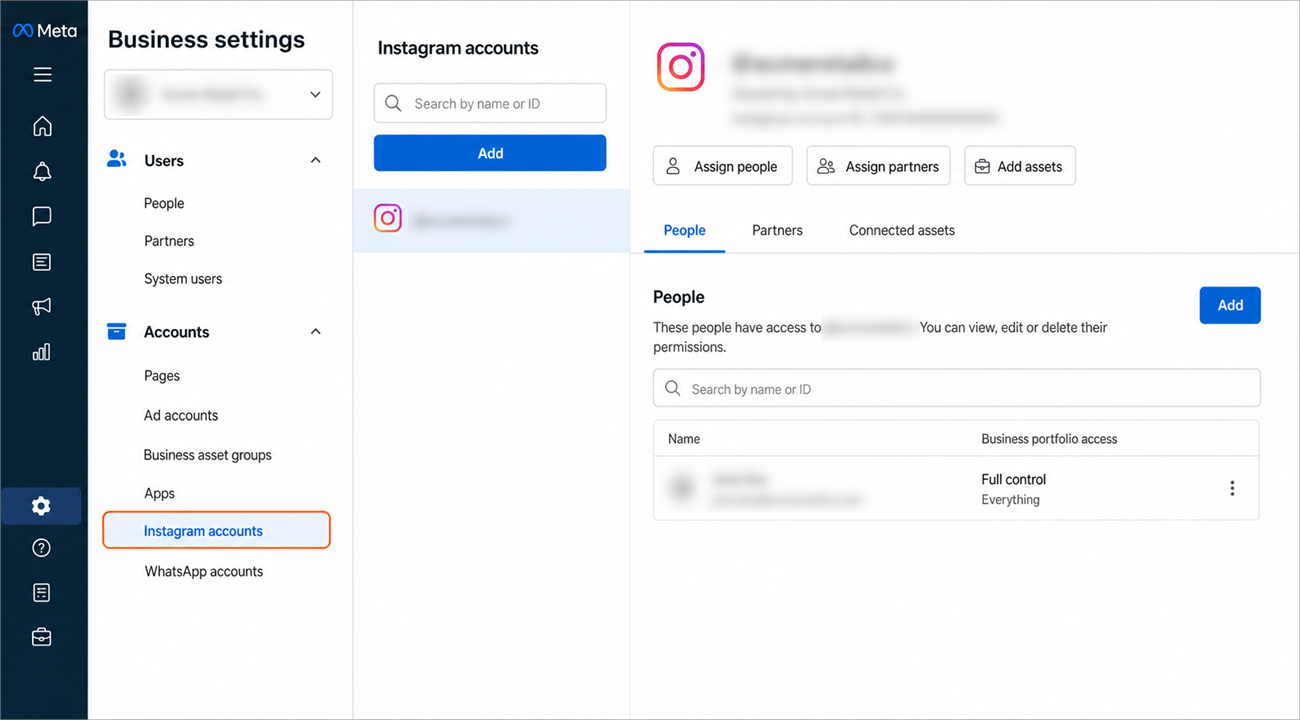 Business settings with Instagram accounts selected in the left menu