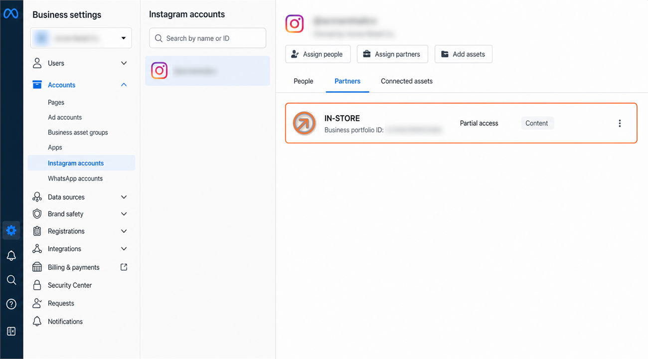 Instagram account showing In-Store listed as a partner