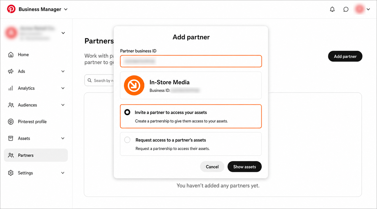 Entering the In-Store business ID on the Add partner screen