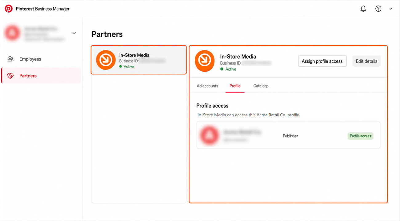 In-Store listed under Partners with profile access
