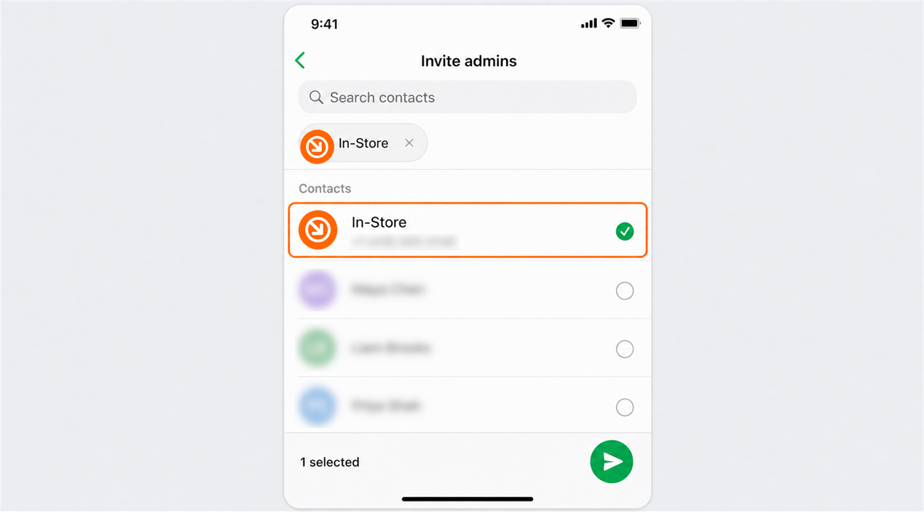 Invite admins with In-Store selected from contacts
