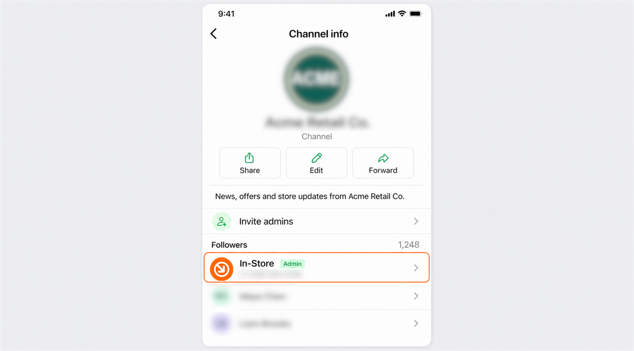 In-Store listed as an admin at the top of the follower list