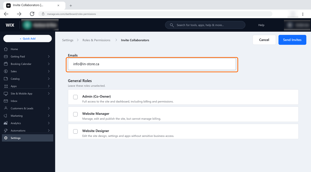 The Invite Collaborators panel with an email address entered