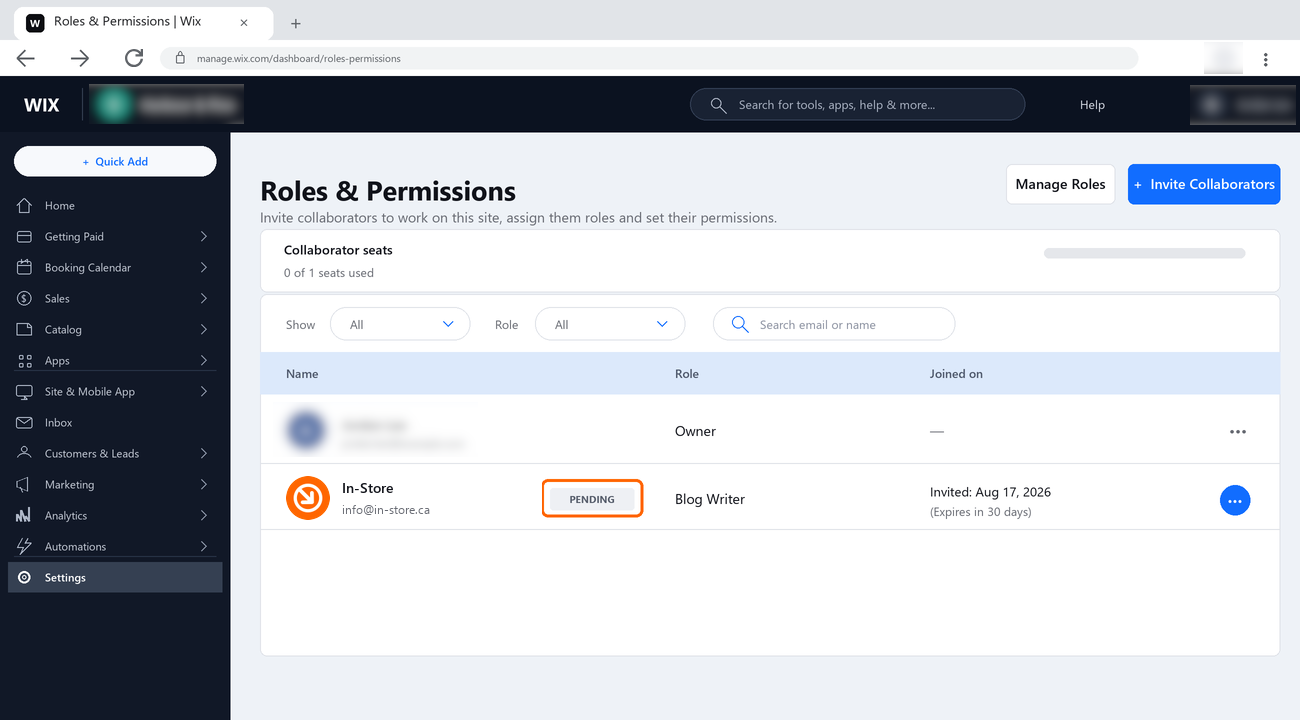 The collaborator list showing the In-Store invitation marked PENDING