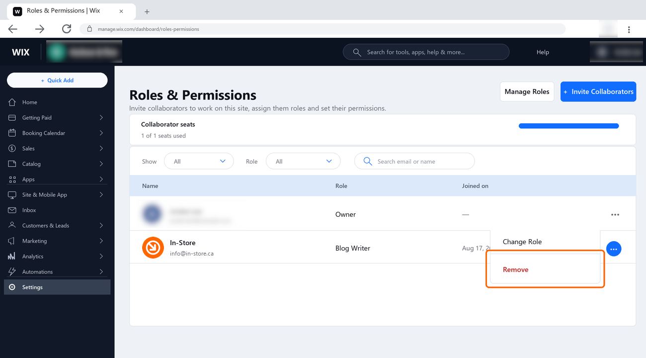 The More Actions menu open on a collaborator row, showing Remove