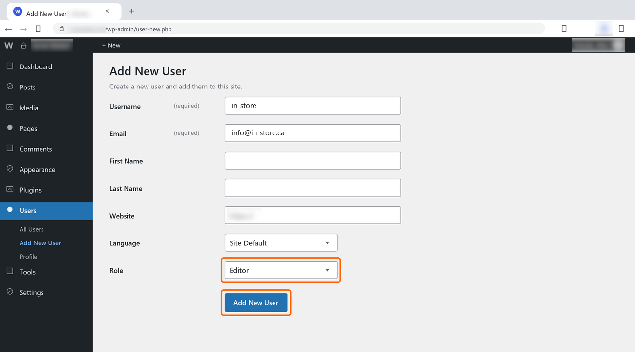Add New User form with the Role set to Editor