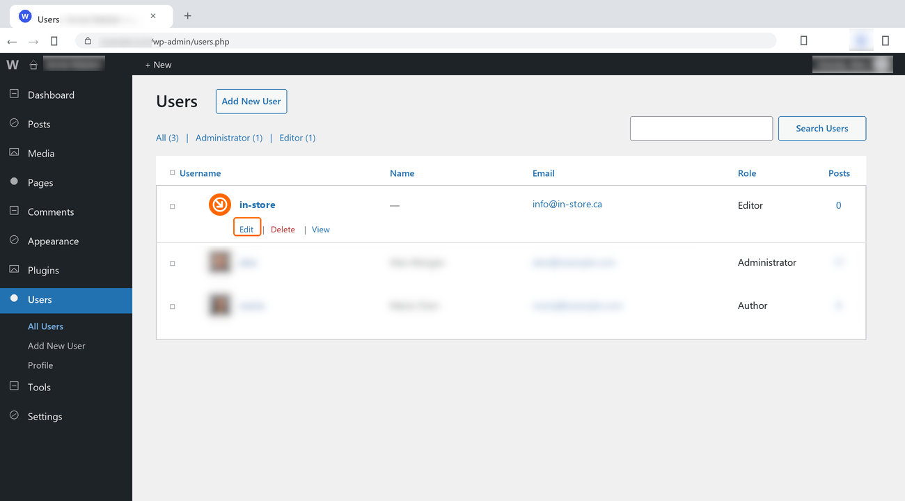 Users list with the in-store account and its Edit link