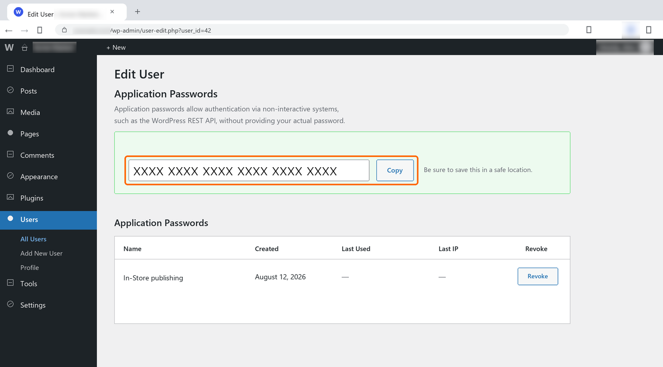 The generated application password displayed once after creation