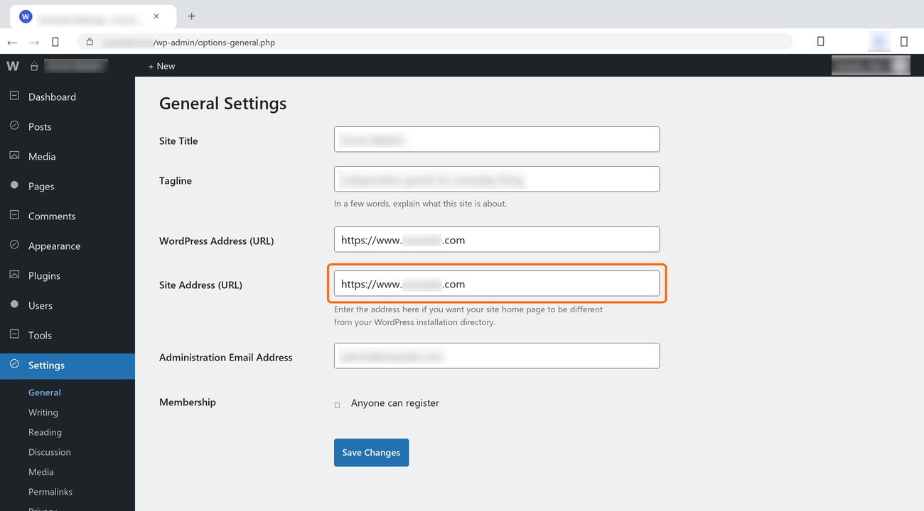 Settings, General, with the Site Address field highlighted