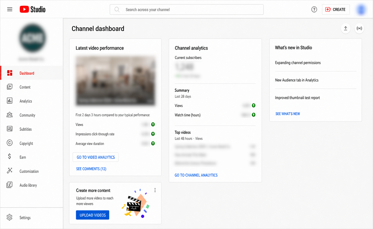 YouTube Studio dashboard after signing in