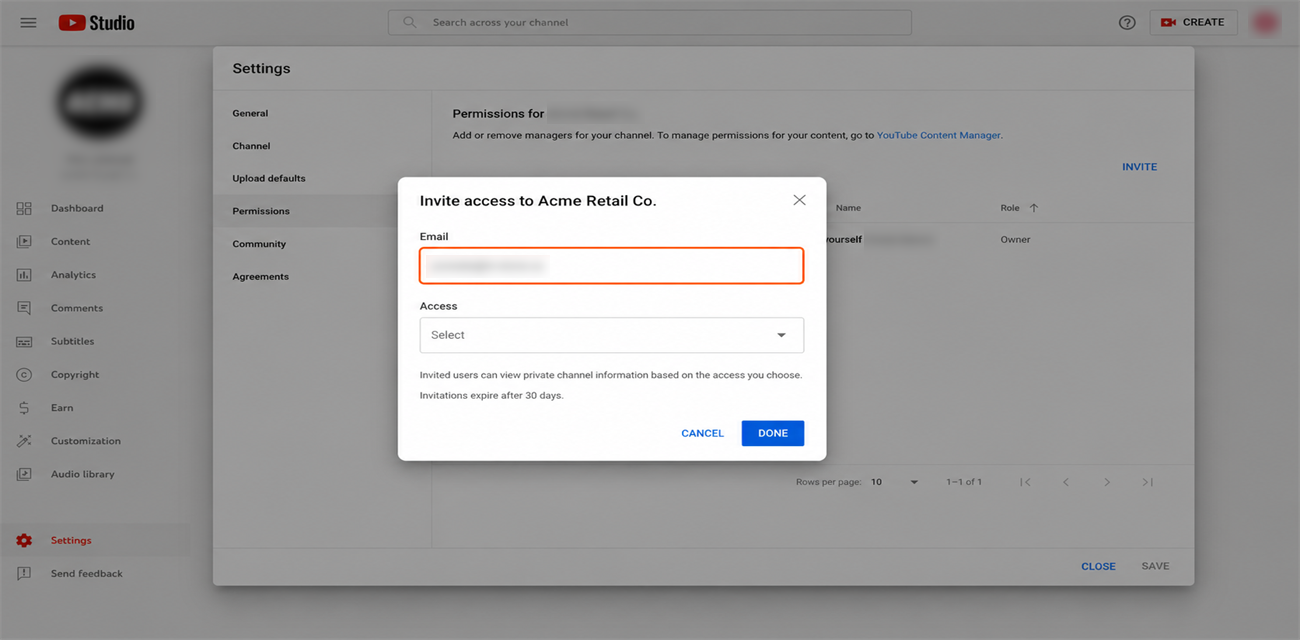 Invite box with the In-Store email address typed in