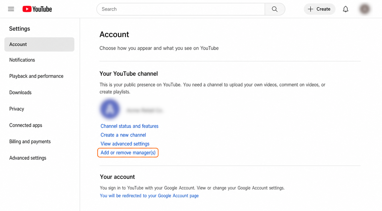 YouTube account settings with Add or remove managers highlighted