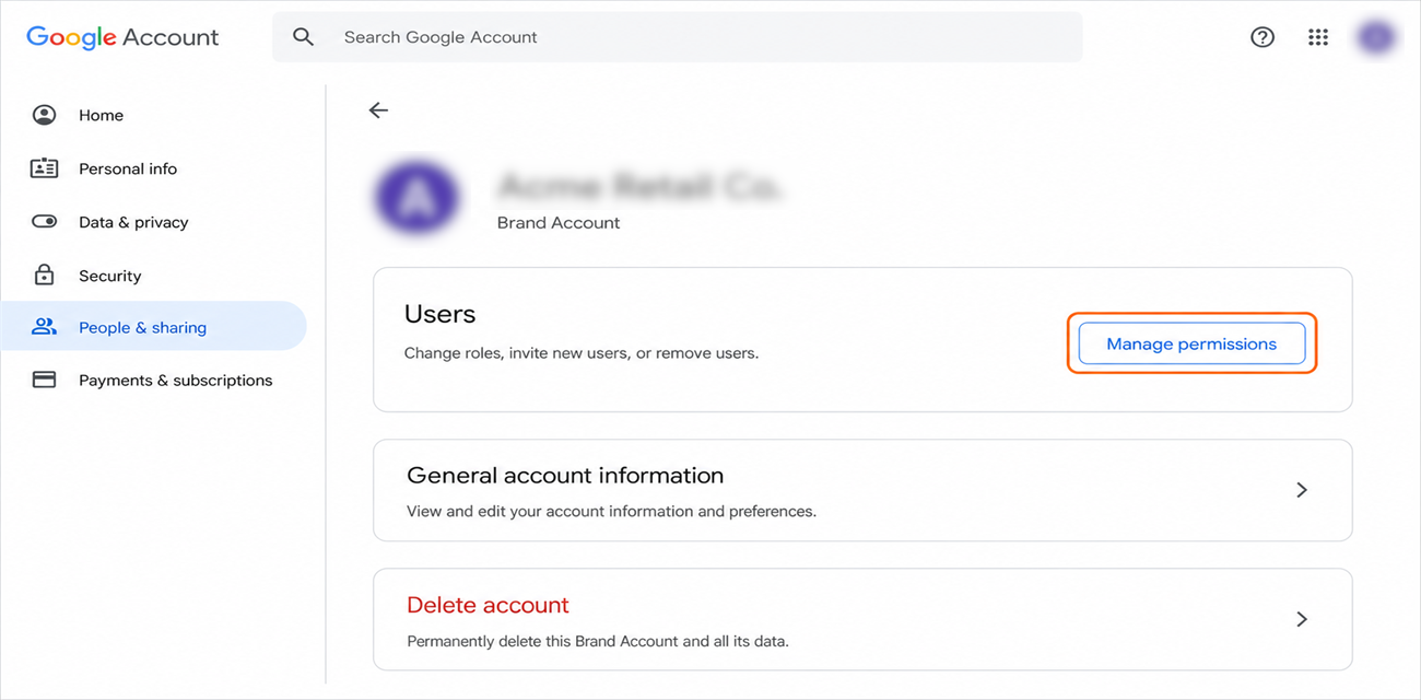 Google Brand Account screen with Manage permissions highlighted