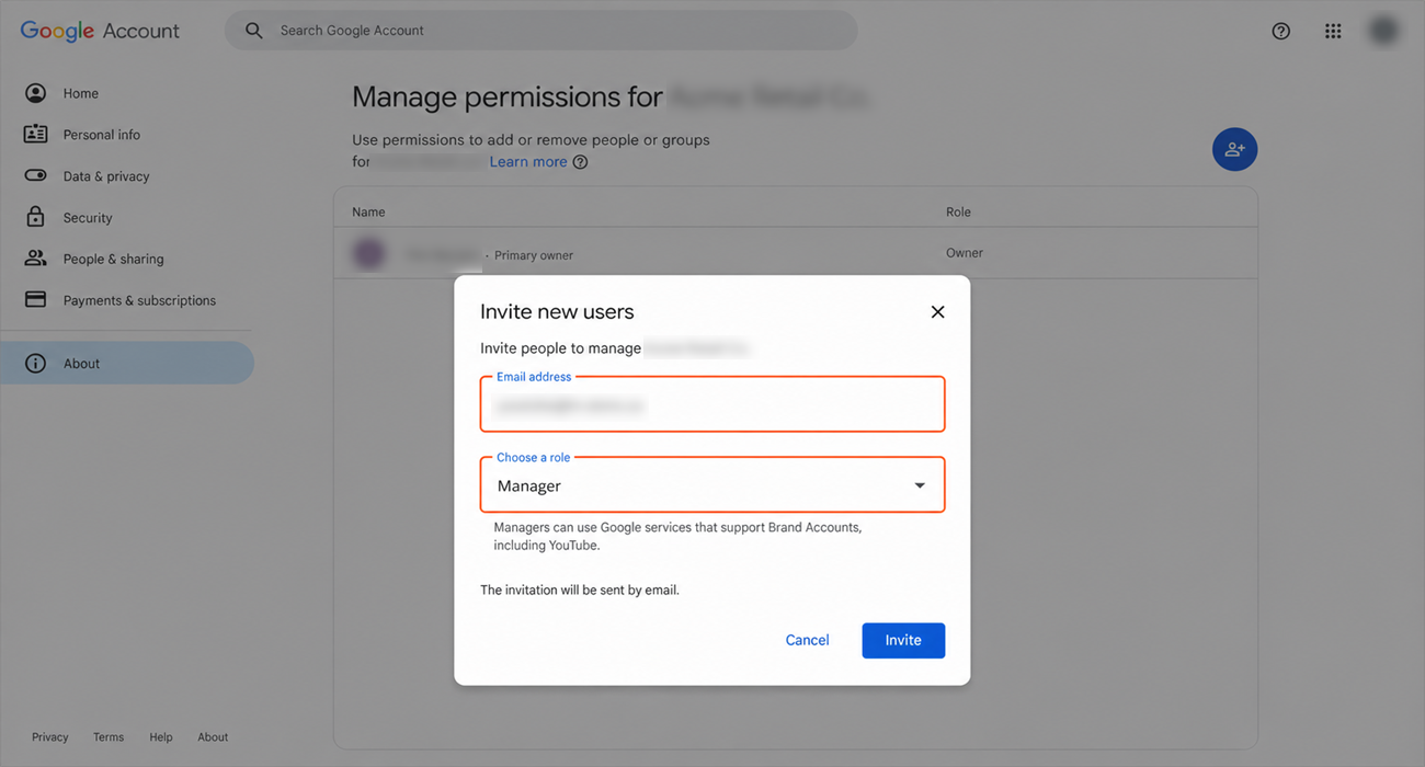 Invite people panel with the In-Store email and Manager role set