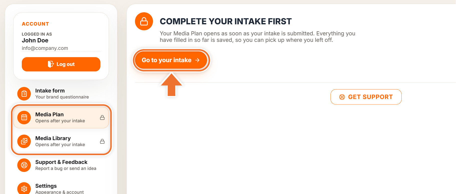 Complete your intake first page with the locked menu items highlighted and an arrow pointing to the Go to your intake button