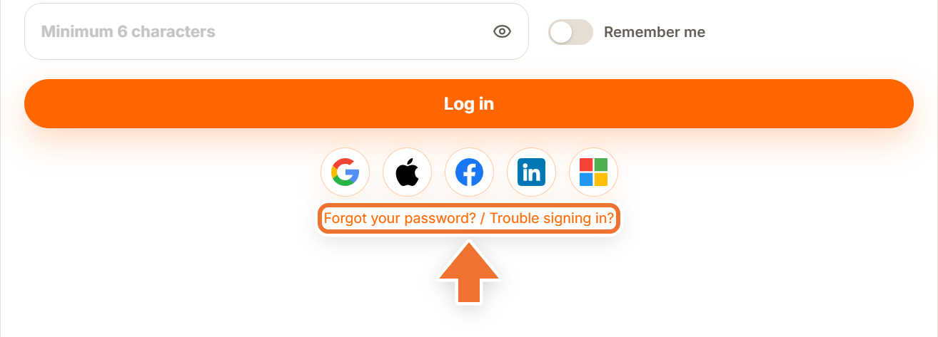 Login tab with an arrow pointing to the password recovery link