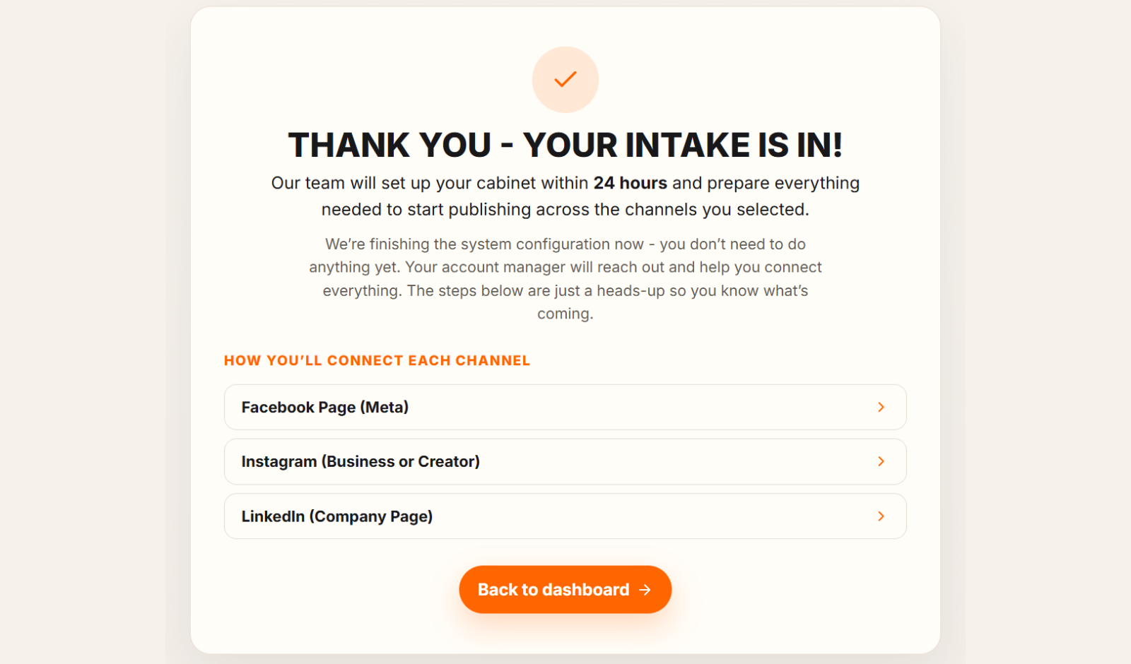 Thank-you screen with the list of channels to connect and the Back to dashboard button