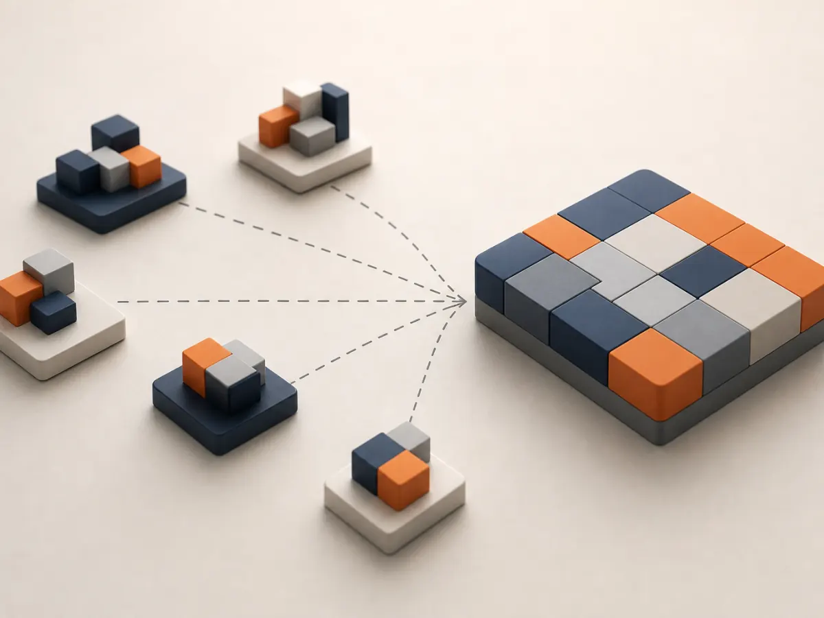 Illustration of separate pieces of work coming together into one connected platform