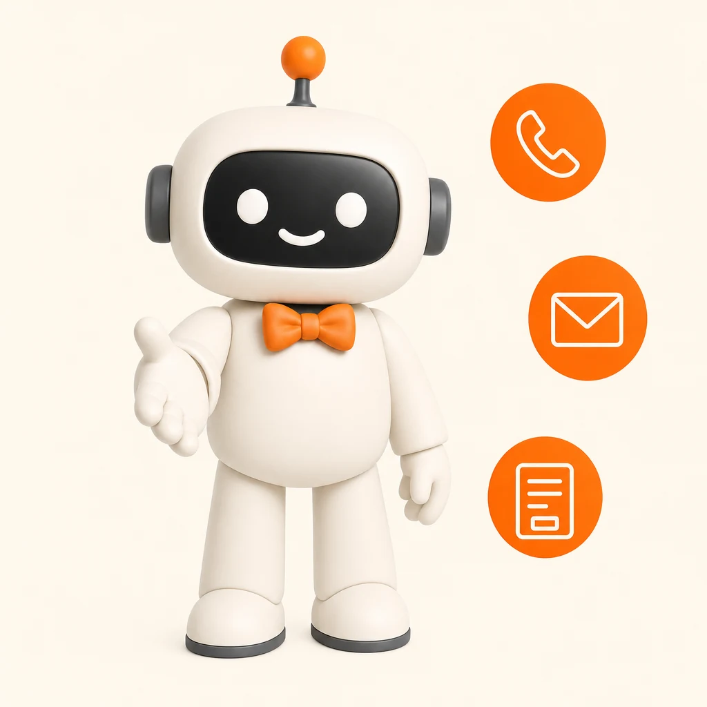 The IN-STORE robot holding out a hand next to a phone, an email and a web form, the three ways to reach us