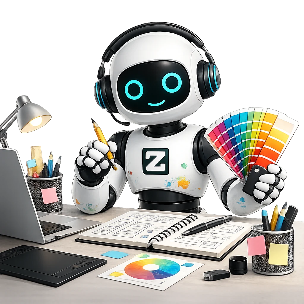 Zvika, the Zalvica robot, choosing colors with a color fan at a design desk